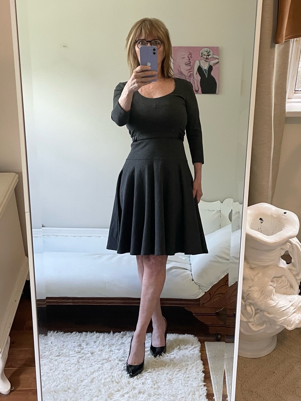 ANN TAYLOR GREY LONG SLEEVE FIT FLARE DRESS SIDE BUCKLES FULL SKIRT